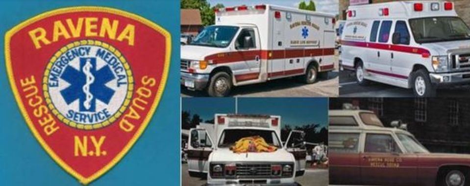 Historical collage of Ravena Rescue Squad vehicles and patch